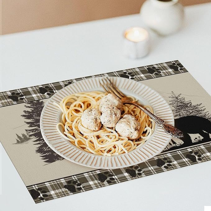 Rustic Bear Placemat Set of 4, 12x18 Inch Retro Farmhosue Green Buffalo Plaid Wildlife Wooden Forest Tree Cabin Country Lodge Coffee Table Mats for Outdoor Kitchen Dining Table Decoration