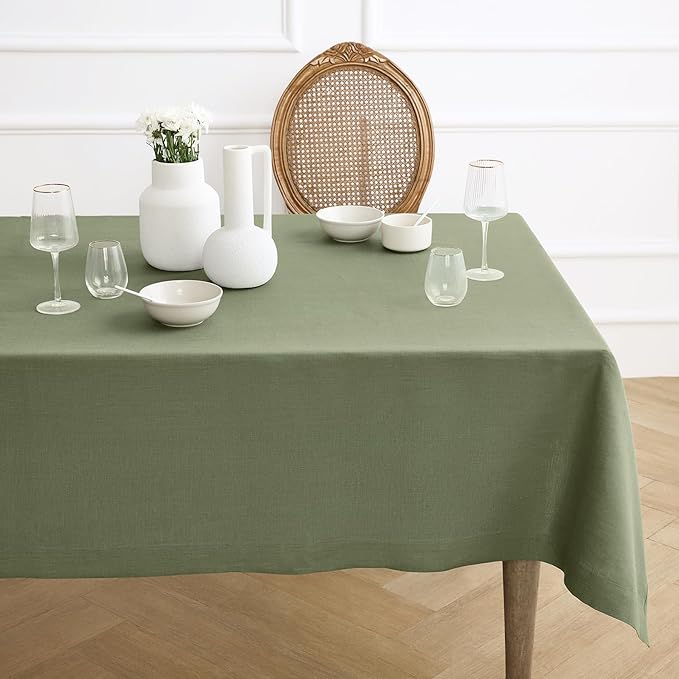 Solino Home Linen Tablecloth 60 x 90 Inch - 100% Pure Linen Oil Green Table Cloth for Rectangle Tables - Fete, Machine Washable Tablecloth for Fall, Autumn, Thanksgiving, Christmas