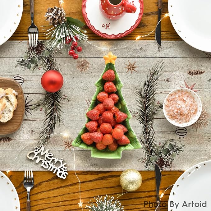 Artoid Mode Xmas Trees Holly Pine Cone Christmas Table Runner, Seasonal Winter Wood Kitchen Dining Table Decoration for Home Party Decor 13x108 Inch