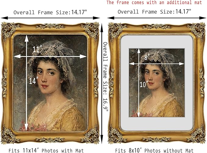11x14 Picture Frame Gold Vintage Antique Frames 11x14 or Matted to 8x10 Photo Ornate Baroque Bronze for Wall Display