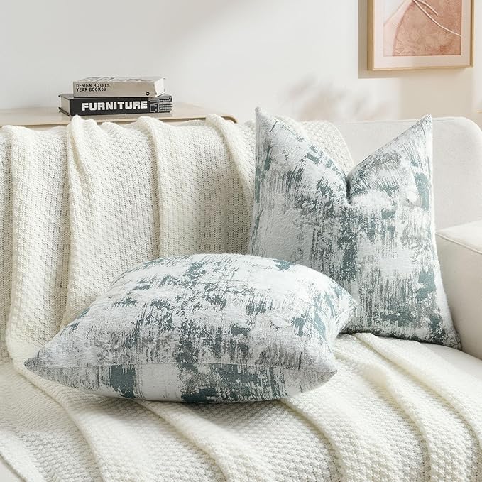 FUTEI Teal White Decorative Throw Pillow Covers 22x22 Inch Set of 2,Soft Faux Cashmere Jacquard - Textured & Cozy Cushion Case,Modern Home Decor for Couch Bed Living Room