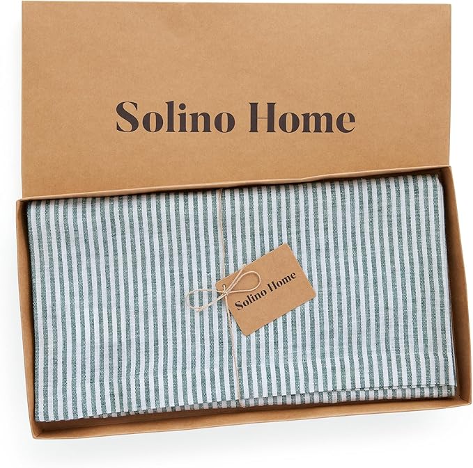 Solino Home Linen Square Tablecloth 52 x 52 Inch - Narrow Stripe, 100% Pure Linen Rainforest and White Table Throw - Machine Washable Tablecloth for Christmas