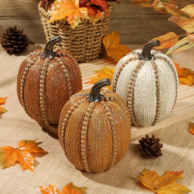 Hollyone Pumpkins Fall Decoration, 3 Pack Resin Pumpkins for Decorating Fake Pumpkin Autumn Rustic Decor for Home Thanksgiving Harvest Halloween Wedding Table Centerpiece Shelf Indoor Outdoor Decor