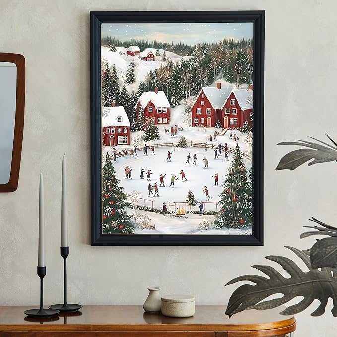 OZCONO Snowy Christmas Village Wall Art, Cozy Xmas Holiday Decor, Nordic Winter Town Scene with Ice Skating, Seasonal Home Artwork, Festive Scandinavian Cabin Accent (Unframed) (20x30)