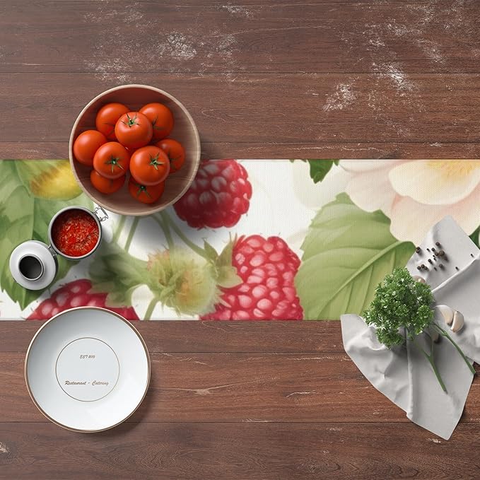 Strawberry Flower Table Runner 13x72 Inches Fruit Faux Linen for Kitchen Dining Table Decor Wedding Birthday Party Holiday Celebration