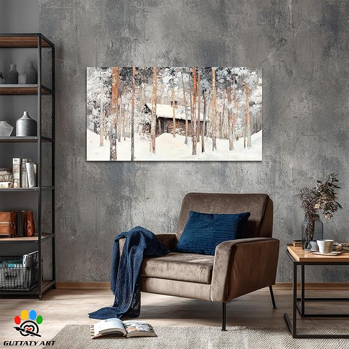 GUTTATY Winter Christmas Cabin Canvas Wall Art, Snow Forest Canvas Painting, Rustic Winter Scene Wall Decor, Textured Canvas Prints Pictures, Holiday Poster for Living Room, Bedroom, 60x30 Inch