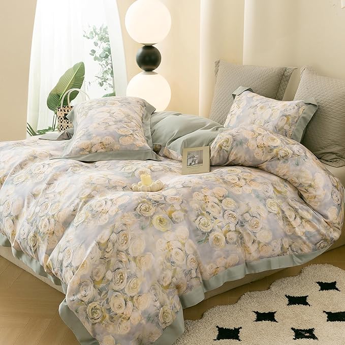 ECOCOTT Bedding 3-Piece Duvet Cover Queen Size, Silky Soft 100% Lyocell, Hypoallergenic & Eco-Friendly Whispering Roses Bedding, Cooling & Breathable for Hot Sleepers, Dreamy Floral Pattern