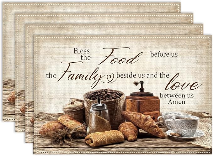 Coffee Placemat Set of 4, 12x18 Inch Rustic Bless The Food Before Us Bread Coffee Theme Farmhouse Washable Heat Resistant Table Mats for Outdoor Farmhouse Kitchen Dining Decor
