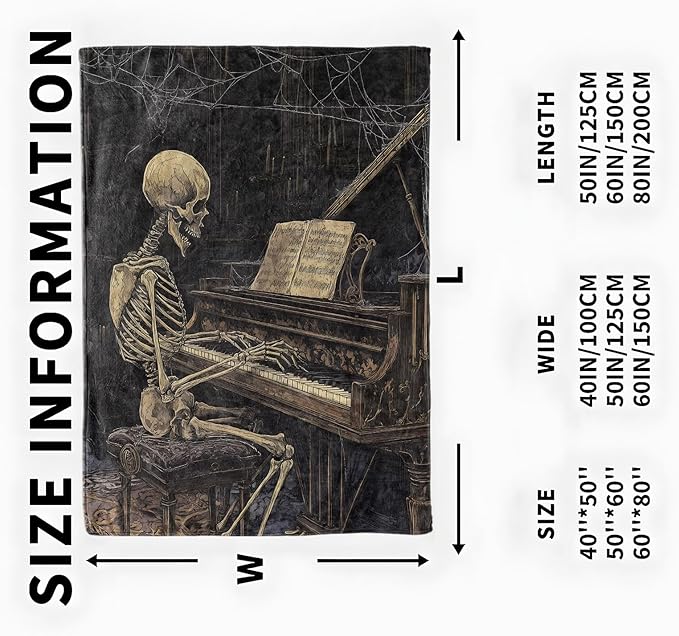 Haunted Skeleton Pianist Blanket, Cozy Flannel Gothic Style Throw Blanket, Soft Fuzzy Blankets for Travel Home Decor, All Season Lightweight Couch Bed Cover, Gifts for Women Adults Kids 50"×60"