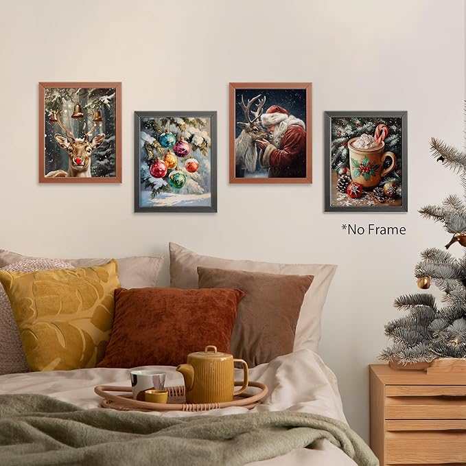 AEHIE Vintage Winter Christmas Red Nose Reindeer Santa Wall Art Poster Prints for Home, Rustic Farmhouse Xmas Santa Tree Decor, Reindeer Pine Tree Photo Santa Wall Art Unframed 4pcs 8x10inch