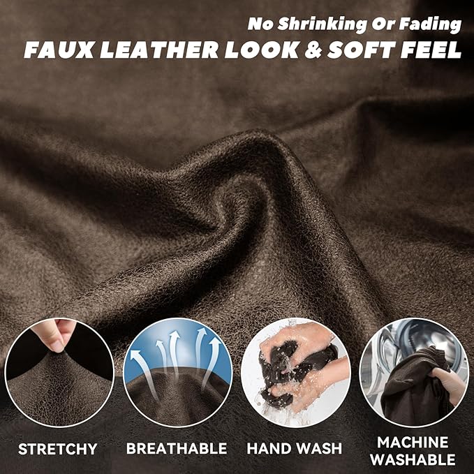 Chair Slipcover with Armrest Pockets 2-Piece Set, Stretch Faux Leather Chair Cover for Armchairs(Fits 31-45") - Non-Slip, Machine Washable, Pet & Kid Friendly - Brown
