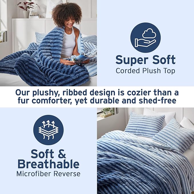 Intelligent Design Queen Comforter Set, Plush Bedding, Microfiber Reverse, 3 Piece, Lightweight, Super Soft Ribbed Velvet Comforter 2 Shams, All Season Fluffy Bed Set, Avril, Full/Queen Blue Ombre