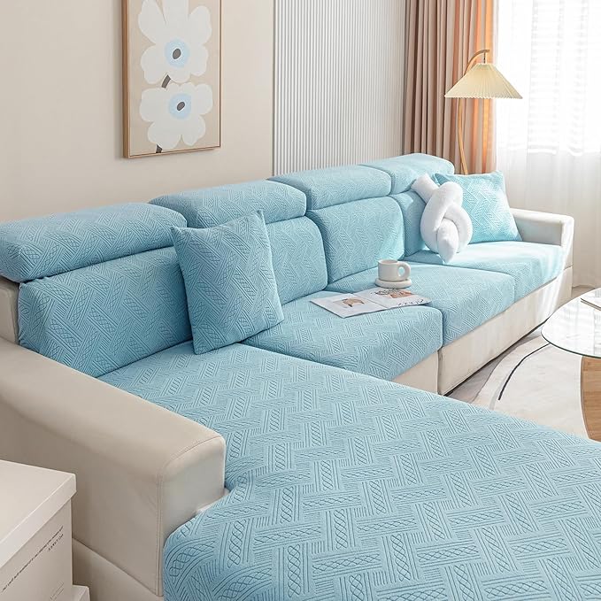 hyha Individual Couch Cushion Covers, Stretch Magic Sofa Seat Cushion Covers Washable, Dog Couch Sofa Slipcover for Pets, Kid with Elastic Bottom(Back Cover L, Lake Blue)
