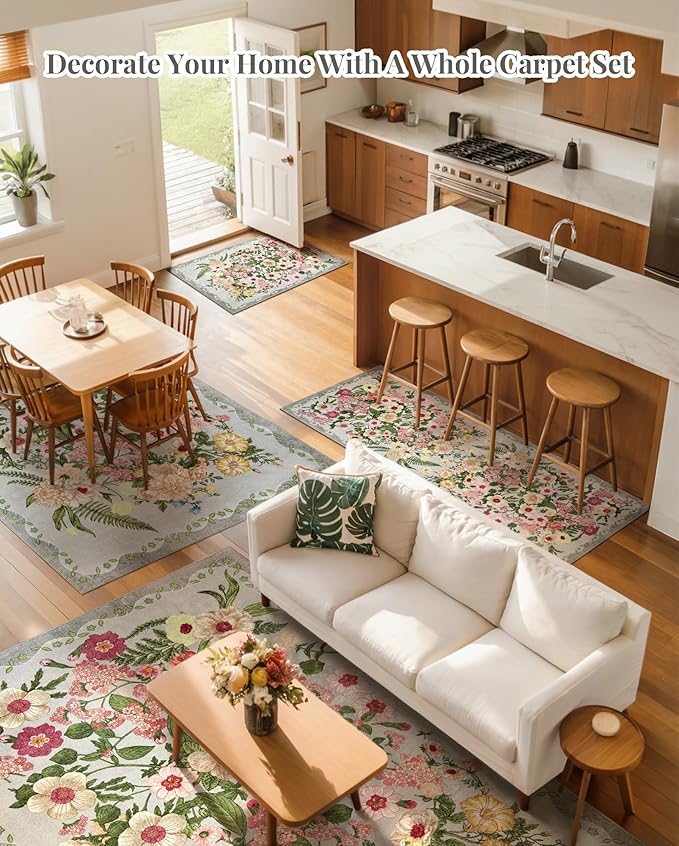 Floral Bedroom Rug - 4x6 Washable Area Rugs Non-Slip Soft Low-Pile Stain Resistant Carpet Flower Print Vintage Indoor Rug forLiving Room Dining Room Office Nursery Room, Grey