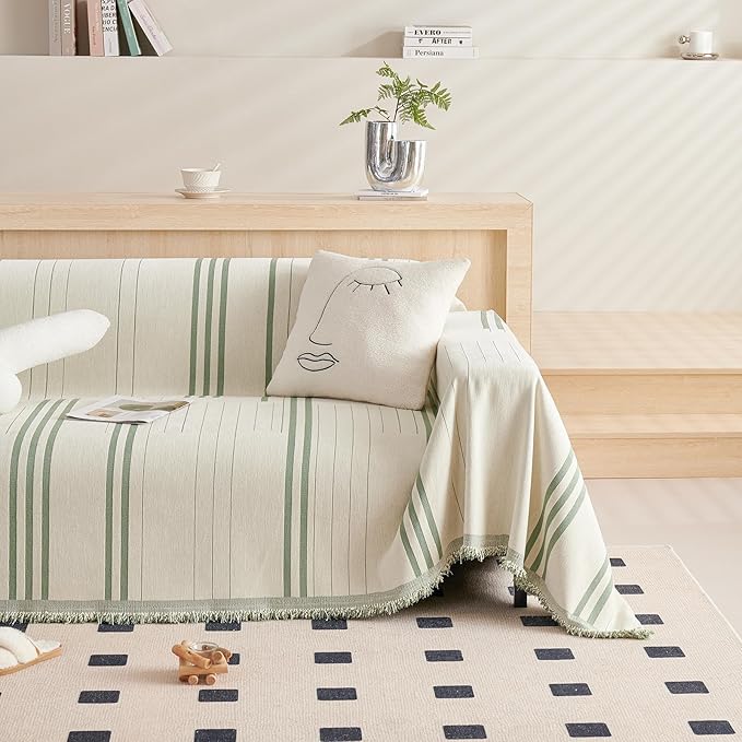 DREAMINGO Armchair Cover Washable Chenille Sofa Protector for Pet Kids Beige Green Chair Couch Covers for 1 Cushion Couch Stripe Jacquard Versatile Sofa Throw Slipcover for Futon Couch, 71"x91"