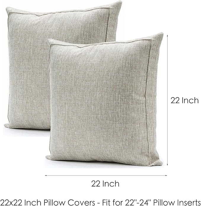 Jepeak 22x22 Inch Burlap Linen Throw Pillow Covers, Pack of 2 Decorative Farmhouse Rustic Neutral Pillow Covers Square Durable Cushion Cover for Sofa Couch Bed Home Decor, Beige/Khaki Threads