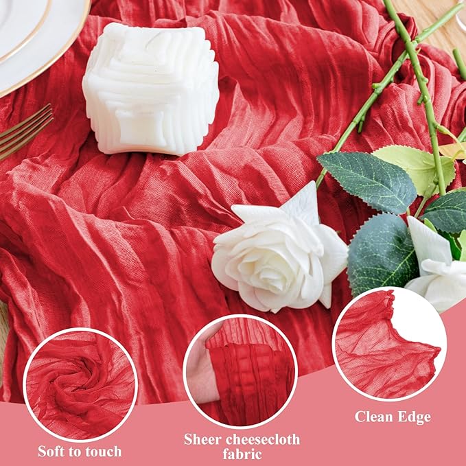 Wokceer Cheesecloth Table Runner 12Pack 10FT Red Gauze Christmas Fall Cheese Cloth Table Runner for Party Long Rustic Sheer Thanksgiving Table Runners for Baby Bridal Shower Wedding Easter Table