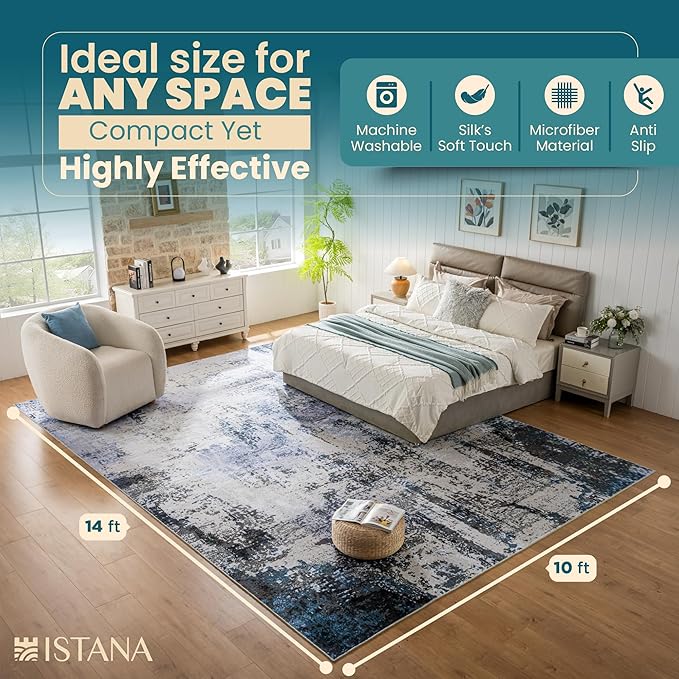 Istana Living Room Rug 10x14 - Grey Navy 10 x 14 Area Rug - Foldable Machine Washable Area Rugs 10x14 - Stylish 10x14 Area Rugs Boho - Stain Resistant Washable Rug 10x14