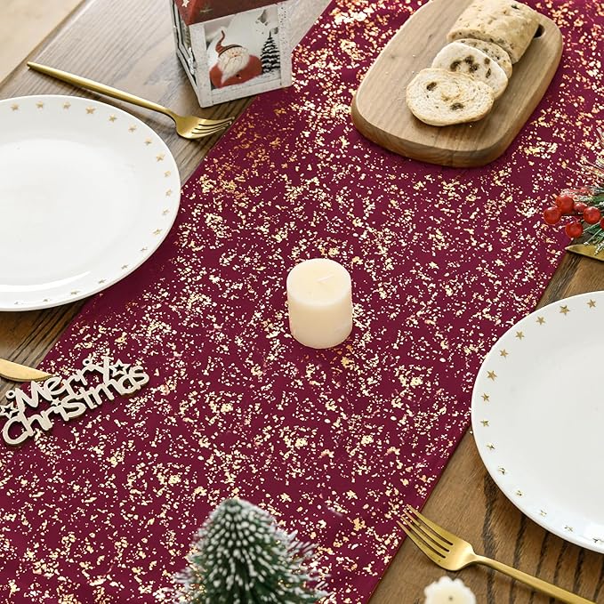 Artoid Mode Burgundy Dutch Fleece Table Runner, Glitter Metallic Foil Holiday Kitchen Dining Table Decoration for Home Party Decor 13x36 Inch