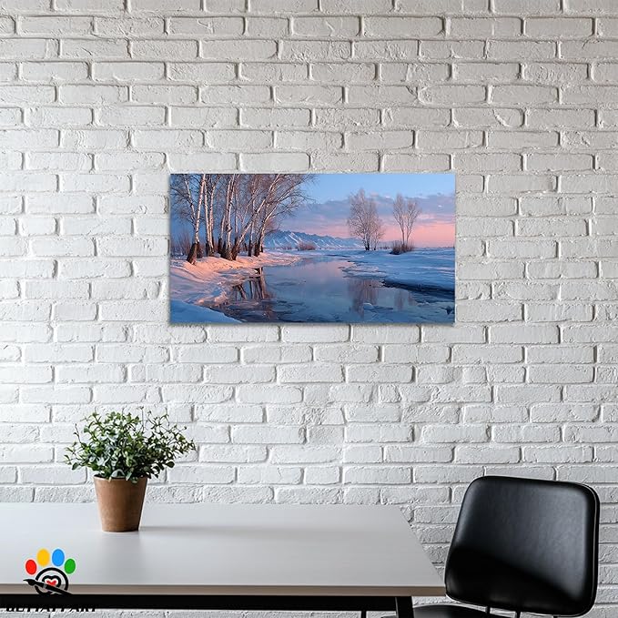 GUTTATY Christmas Winter Birch Canvas Wall Art, Snowy River Landscape Canvas Painting, Tranquil Winter Nature Scene Pictures Prints for Living Room, Bedroom, Holiday Hanging Artwork, 24x12 Inch