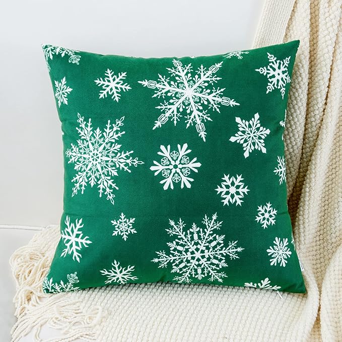 HWY 50 Green Decorative Throw Pillow Covers 16x16 Inch for Couch Sofa Living Room Bed, Soft Christmas Big and Small Snowflakes Print Throw Pillows Cases Set Cushion Cover Pack of 2
