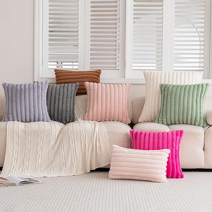 Double-Sided Faux Fur Plush Throw Pillow Covers 22x22 Set of 2 Fuzzy Striped Soft Cozy Pillowcase Luxury Decorative Pillows Square Fluffy Cushion Covers for Couch Sofa Bed,Sage Green