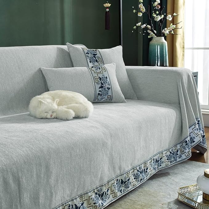 DREAMINGO Couch Protector Light Grey Sofa Covers for Dogs Solid Color Modern 3 Cushion Couch Covers for Sofa Pet Friendly Chenille Slipcovers for Sectional Washable, X-Large 71"x134"