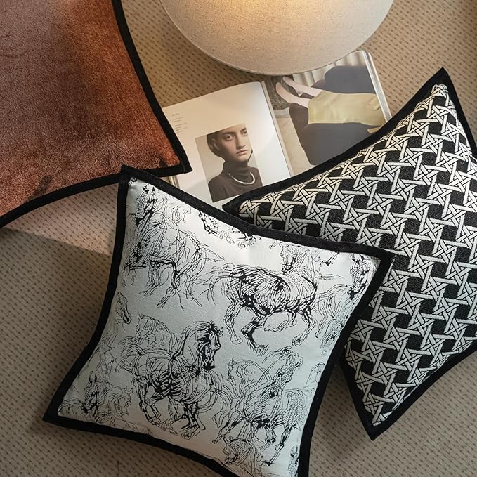 New 18x18'' inches Throw Pillow Cushion Covers - Black Horse Chenille Jacquard Embroidery with Edge Strip Luxury Modern Style Couch Sofa Bed Pillow Cover for Living Room Bedroom