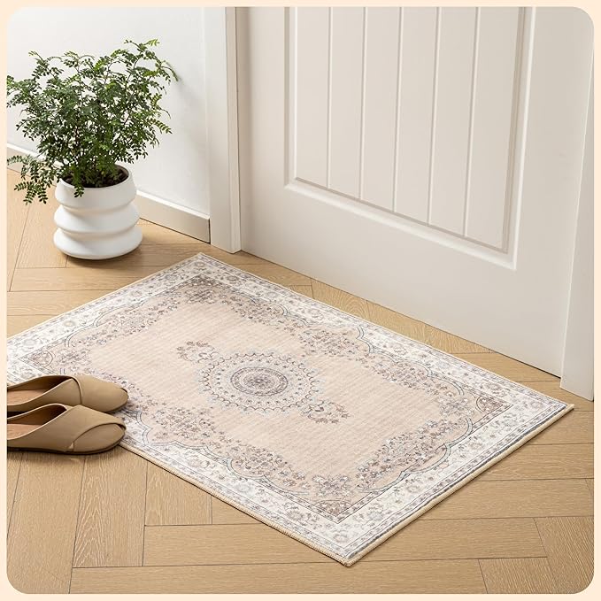 Istana Area Rug 2x4 - Beige Grey & Light Cream 2x4 Washable Rug Non Slip - Pet Friendly Living Room Rug - Non Shedding Washable Rugs for Bedroom - Foldable Bathroom Rugs