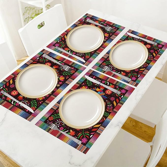 Mexican Cinco De Mayo Placemat Set of 4, 12x18 Inch Colorful Mexico Fiesta Talavera Floral Birds Dia De Los Muertos Day Vintage Coffee Table Mats for Outdoor Kitchen Dining Table Decoration