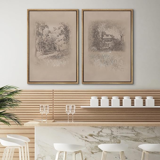 SIGNWIN Framed Canvas Print Wall Art Set Countryside Home and Trees Sepia Landscape Drawings Illustrations Modern Art Scenic Colorful for Living Room, Bedroom, Office - 16"x24"x2 Natural