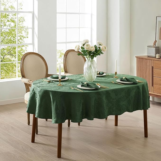Newbridge Barcelona Damask Fabric Tablecloth, 60 x 84 Inch Oval, Hunter Green – No Iron, Soil Resistant Table Cover for Dining, Parties and Holidays