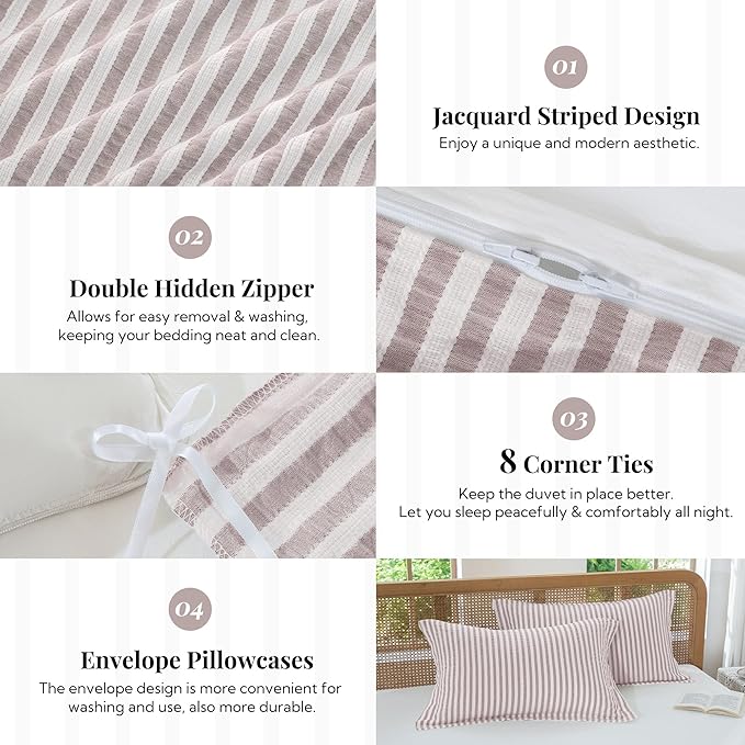 MILDLY Jacquard Stripe Duvet Cover - 100% Washed Cotton Pale Pink Boho Textured Comforter Cover 3pcs with Zipper Closure 80"x90"