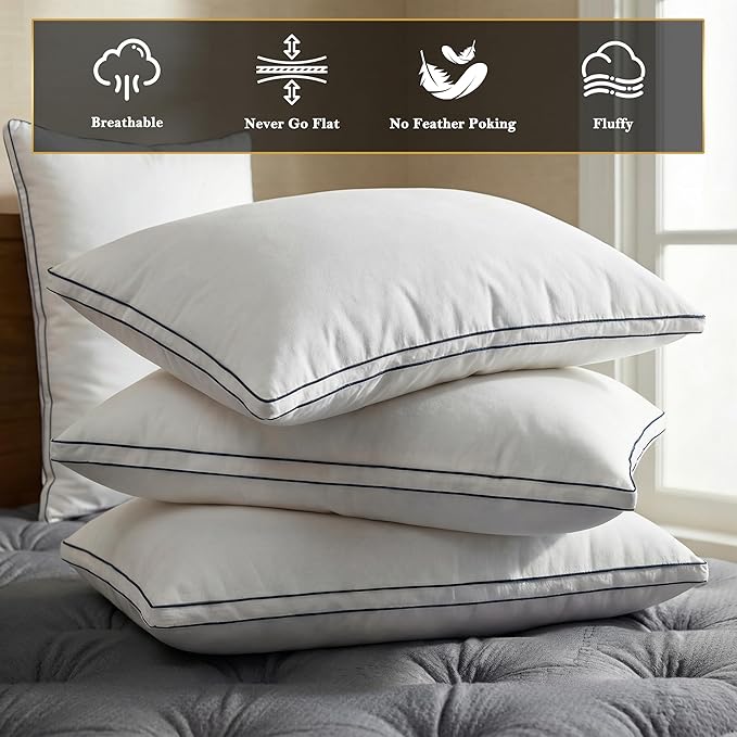 Feather Pillows King Size Set of 2 Goose Down Pillows with 100% Breathable Cotton Cover, Hotel Collection Bed Pillows for Sleeping, Soft Support for Back, Stomach and Side Sleepers