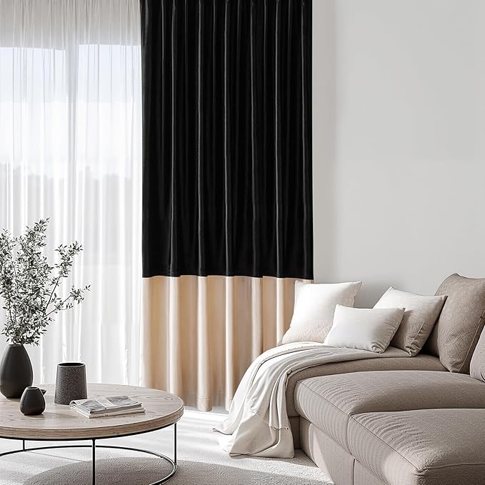 Velvet Curtains for Living Room Black Champagne Beige 102 inches Long,2 Panels Blackout Curtains Modern Color Block Back Tab Rod Pocket Soundproof Drapes for Bedroom Window Decor