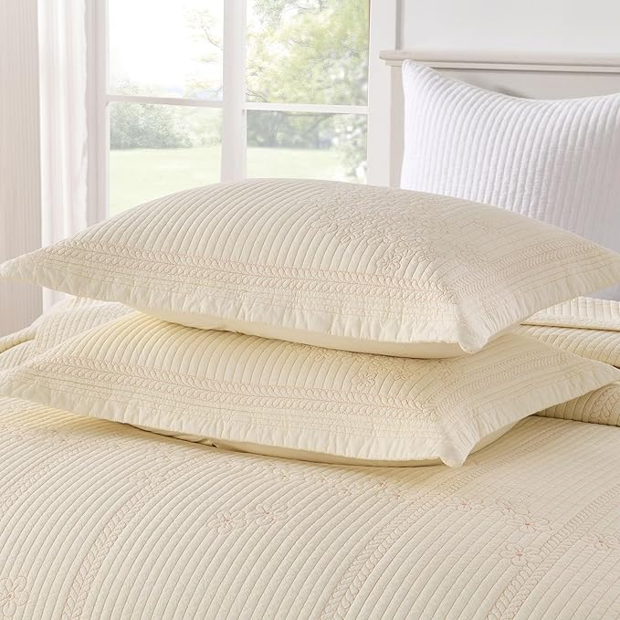 MarCielo 100% Cotton Quilt Set Lightweight Bedspread with Scalloped Edge, Farmhouse Vintage Bedding, All Season Use(Tu Beige,Queen (96"x102"))