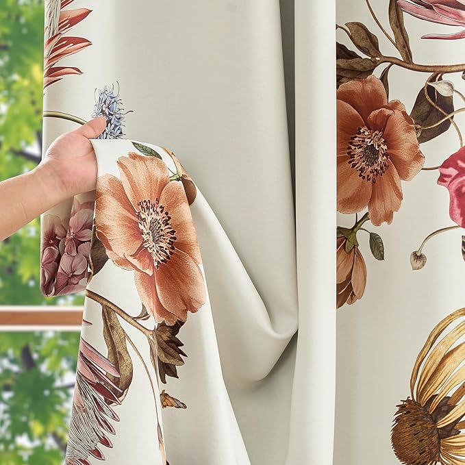 jinchan Hannah Floral Blackout Curtains with Retro Vintage Flower Print Drapes for Bedroom Living Room Fall Decor Winter Window Curtains Room Darkening 96 Inches Length 2 Panels with Grommet Eggshell