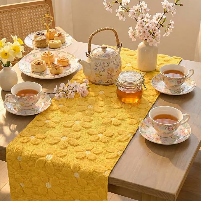 Artoid Mode Yellow Soft Plush Faux Fur Jacquard Embroidery Daisy Spring Table Runner, Kitchen Dining Table Decoration for Home Party Decor 13x36 Inch