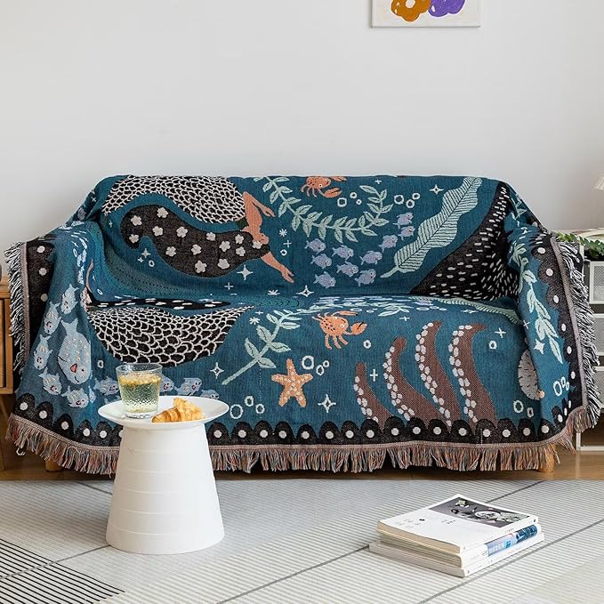 VClife Cute Couch Cover Sofa Covers for Dog, Non Slip Couch Covers for 3 Cushion Couch Sofa, Sea Fish Shark Mermaid Pattern Couch Slipcover for 3 Seater, Soft Cotton Linen Sofa Protector, 71"X134"