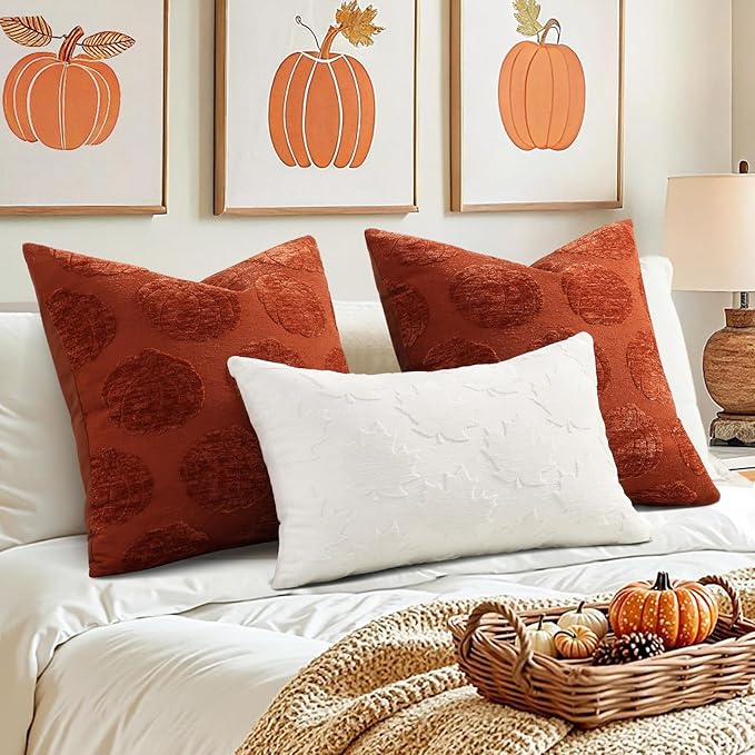 decorUhome Decorative Cream White Maple Leaf Thanksgiving Throw Pillow Covers 12x20 Set of 2, Soft Chenille Jacquard Farmhouse Textured Pillow Covers for Couch Sofa Autumn Harvest Halloween Holiday