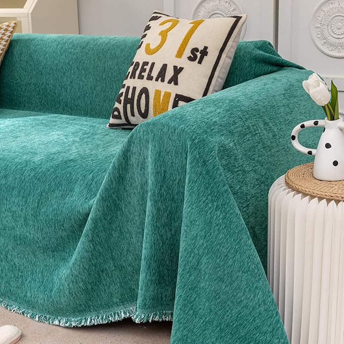 VClife Modern Teal Green Couch Cover Large Sofa Covers for Sectional Sofa Large Sofa Slipcover, Soft Chenille Couch Covers for 2 Cushion Couch Washable Living Room Furniture Protector, 71''x118''