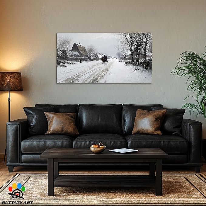 GUTTATY Christmas Winter Scene Canvas Wall Art, Countryside Snow Pictures, Rustic Wall Decor with Horse Carriage, Serene Canvas Painting for Living Room, Bedroom, Holiday Home Decor, 48x24 Inch