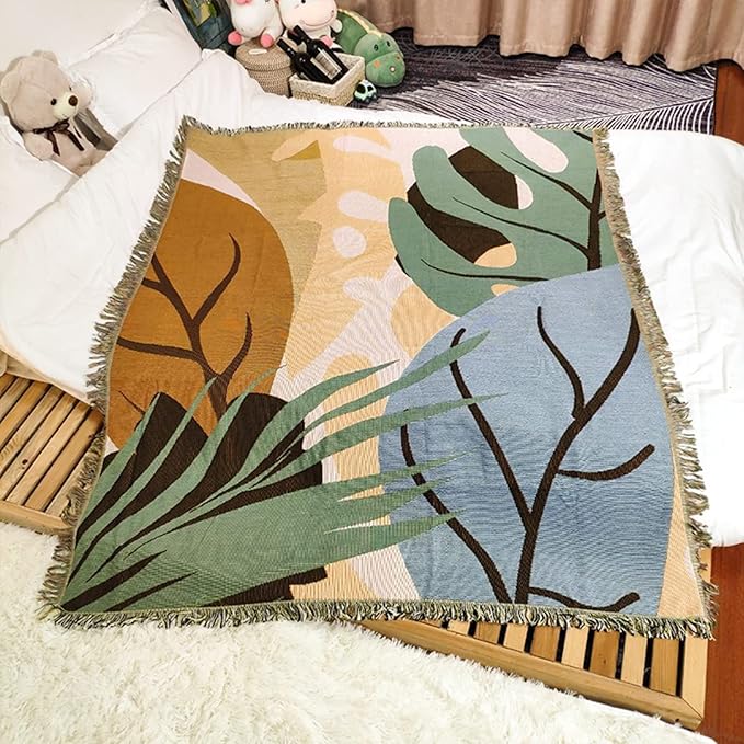 Double-Sided Cotton Woven Throw Blanket with Tassel Jungle Bohemian Style Tapestry Shawl Multi-Function Decorative Throws for Sofa Bed Armchair Camping Blanket Tablecloth Carpet 160x130cm
