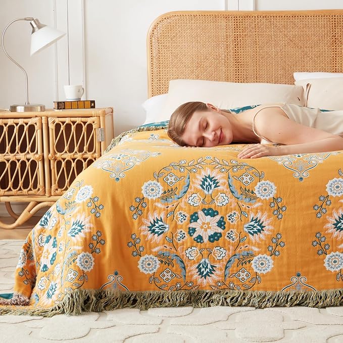 Boho Throw Blanket for Bed 100% Cotton Ultra Soft Rustic Quilt Fall Blanket Floral Printed Farmhouse Decor Bed Blankets,80"×90" All Season Rustic Throw for Sofa Couch Chair
