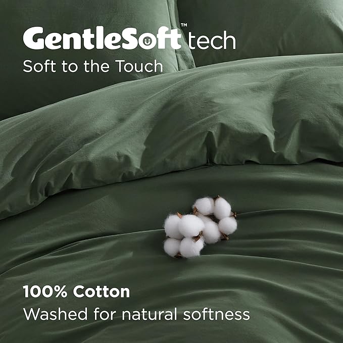 Bedsure 100% Washed Cotton Duvet Cover King Size - Olive Green Minimalist Cotton Duvet Cover Linen Like for All Seasons - GentleSoft™ Plain Simple Bedding (Olive Green, King, 104"x90")