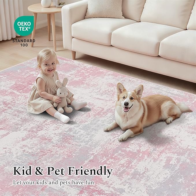 Rugflix 5x7 Area Rugs for Living Room, Washable Large Rug Stain-Resistant Low Pile, Modern Carpet for Dining Room Home Office Kid Room Nursery Bedroom, Pink Grey