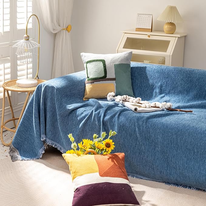 VClife Chair Couch Cover Washable Soft Chenille Chair Slipcover, Anti Slip Blue Armchair Couch Cover for 1 Cushion Couch Sofa, Modern Armchair Sofa Cover with Tassel Pet Furniture Protector, 71"X71"