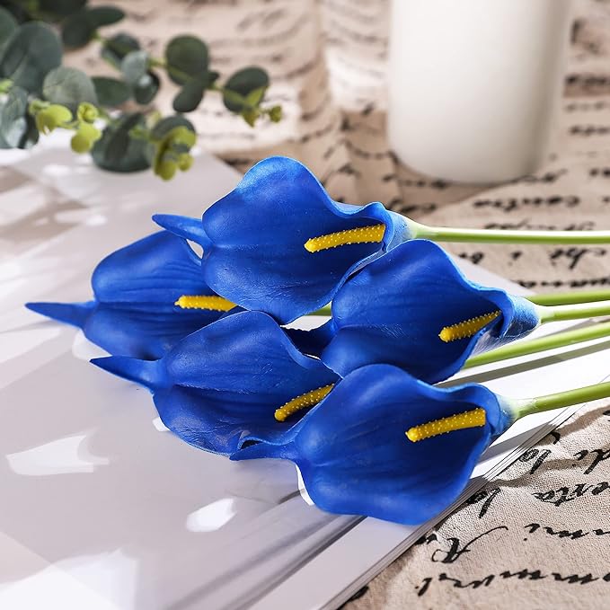 Duovlo 20pcs Calla Lily Bridal Wedding Bouquet Lataex Real Touch Artificial Flower Home Party Decor (Navy Blue)
