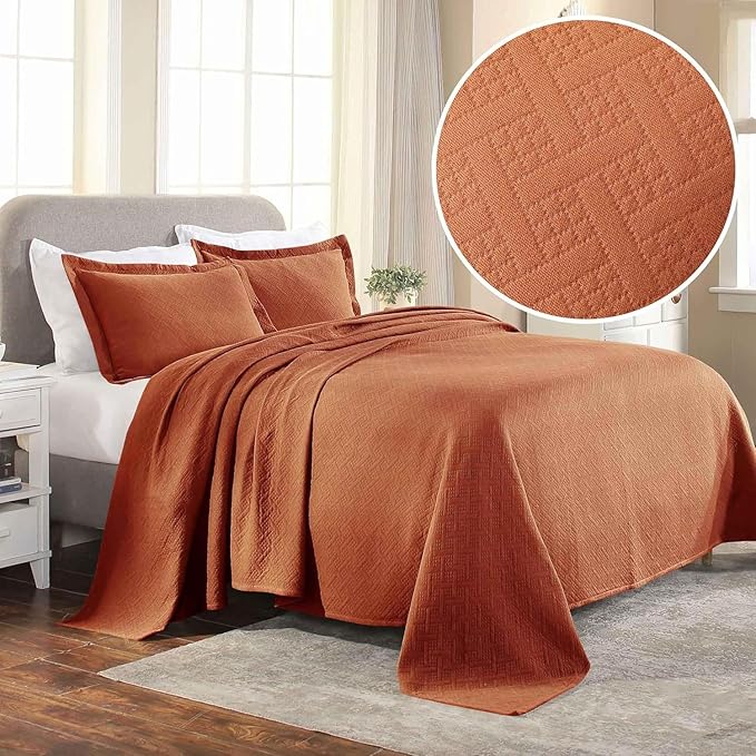 Superior 100% Cotton Basket Weave Bedspread with Shams, All-Season Premium Cotton Matelasse Jacquard Bedding, Quilted-Look Geometric Basket, King, Mandarin