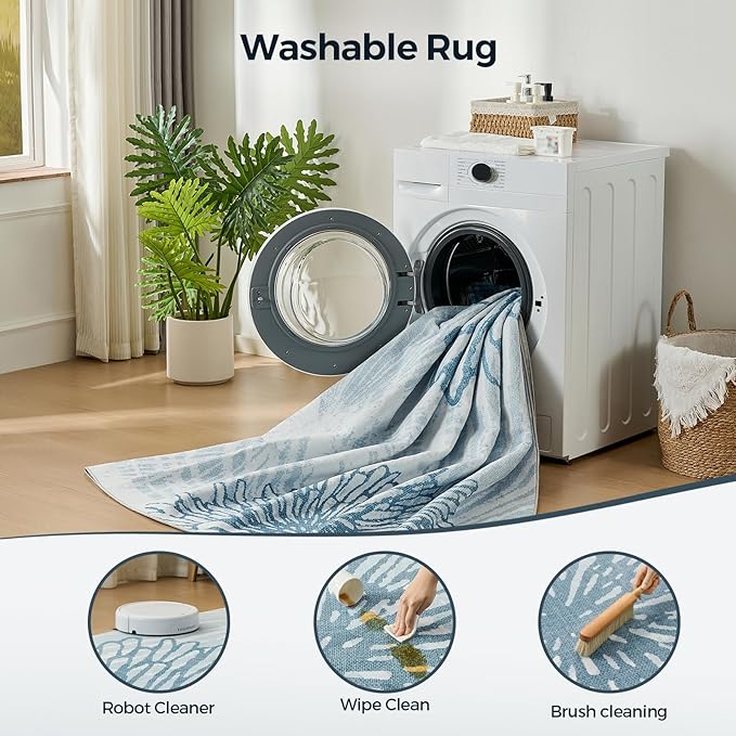 WITSHOCK 12x15 Washable Rug for Living Room,Modern Floral Distress Print Pattern Area Rugs,Stain Resistant with Non Slip Backing Carpet for Dining Room,Bedroom & Home Decor,Blue/Light Blue